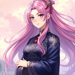 A tall female character in the art style of Genshin Impact, featuring long flowing pink hair and striking violet eyes