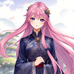 A tall female character in the art style of Genshin Impact, featuring long flowing pink hair and striking violet eyes