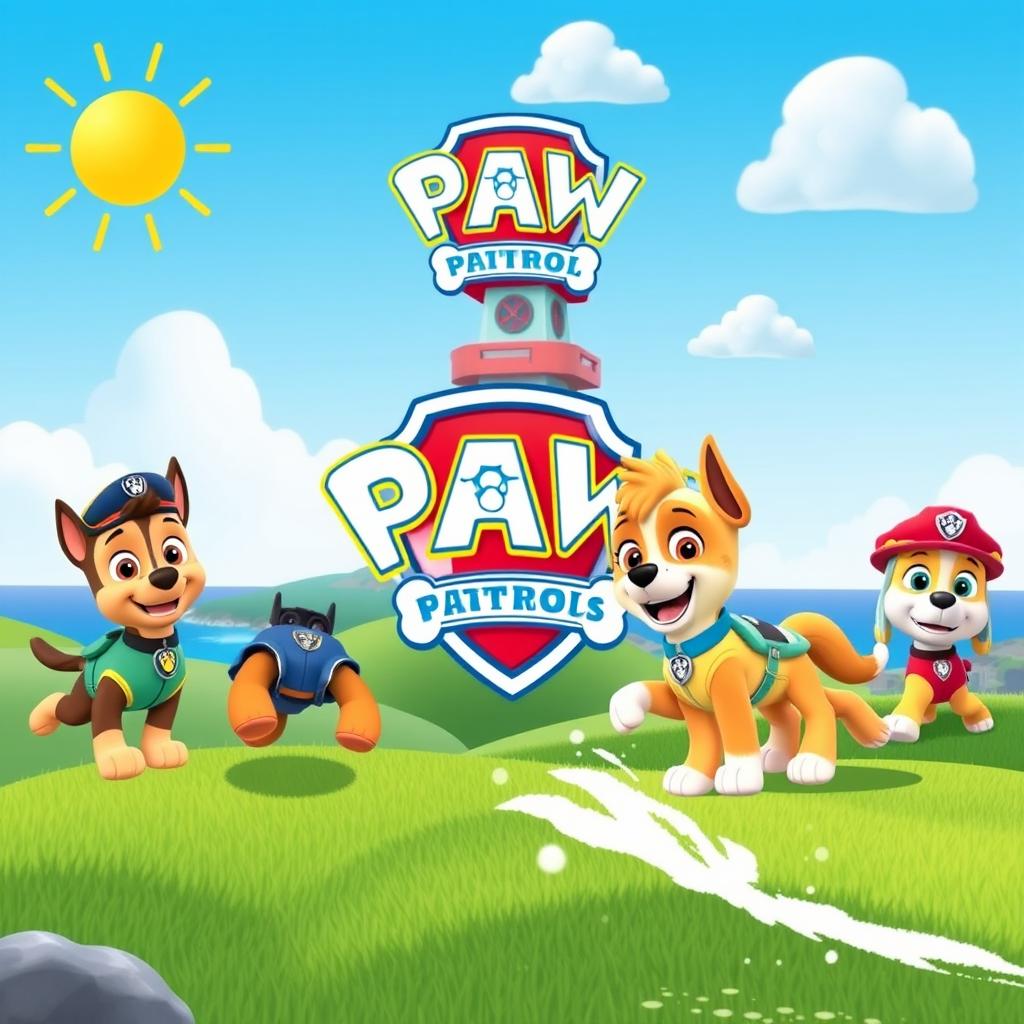 A vibrant and colorful Paw Patrol themed background, featuring the iconic Paw Patrol logo, animated characters like Chase, Marshall, Skye, and Rubble engaged in playful adventure