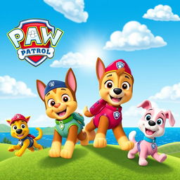 A vibrant and colorful Paw Patrol themed background, featuring the iconic Paw Patrol logo, animated characters like Chase, Marshall, Skye, and Rubble engaged in playful adventure