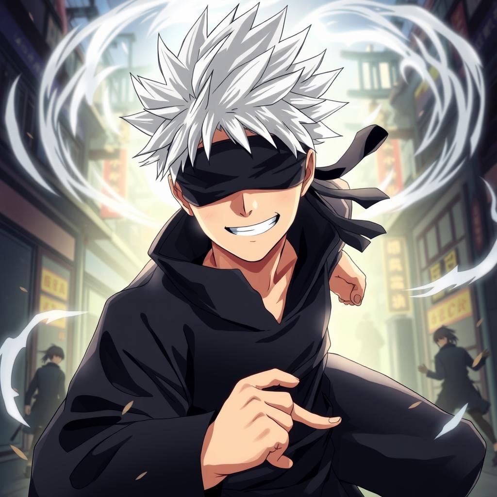A dynamic illustration of Gojo Satoru, a character from the anime 'Jujutsu Kaisen', showcasing his distinct features such as white spiky hair and a playful smirk
