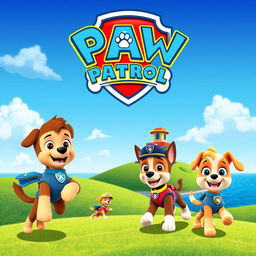 A vibrant and colorful Paw Patrol themed background, featuring the iconic Paw Patrol logo, animated characters like Chase, Marshall, Skye, and Rubble engaged in playful adventure