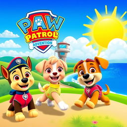 A vibrant and colorful Paw Patrol themed background, featuring the iconic Paw Patrol logo, animated characters like Chase, Marshall, Skye, and Rubble engaged in playful adventure
