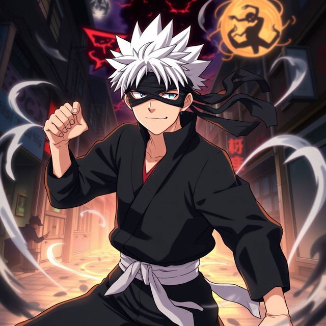 A dynamic illustration of Gojo Satoru, a character from the anime 'Jujutsu Kaisen', showcasing his distinct features such as white spiky hair and a playful smirk
