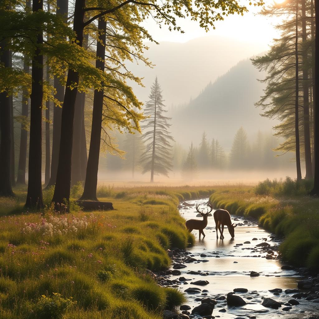 A serene forest landscape at dawn, with a misty atmosphere and soft light filtering through tall trees with vibrant green leaves