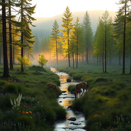 A serene forest landscape at dawn, with a misty atmosphere and soft light filtering through tall trees with vibrant green leaves