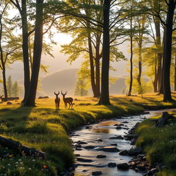 A serene forest landscape at dawn, with a misty atmosphere and soft light filtering through tall trees with vibrant green leaves
