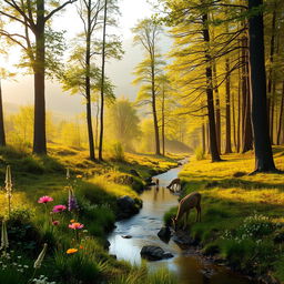A serene forest landscape at dawn, with a misty atmosphere and soft light filtering through tall trees with vibrant green leaves