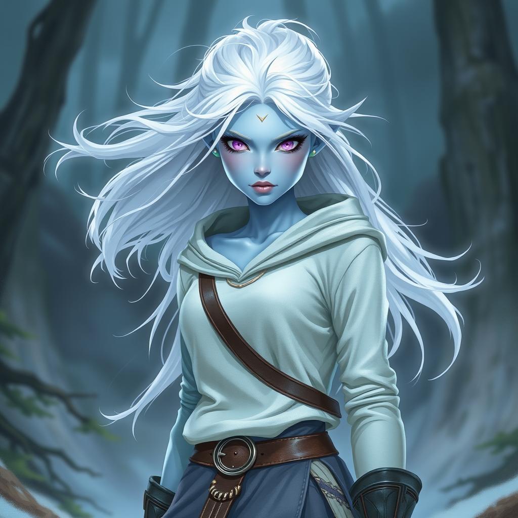 In the style of DnD character art, a striking elven figure named Lucira with light blue skin and floating white hair