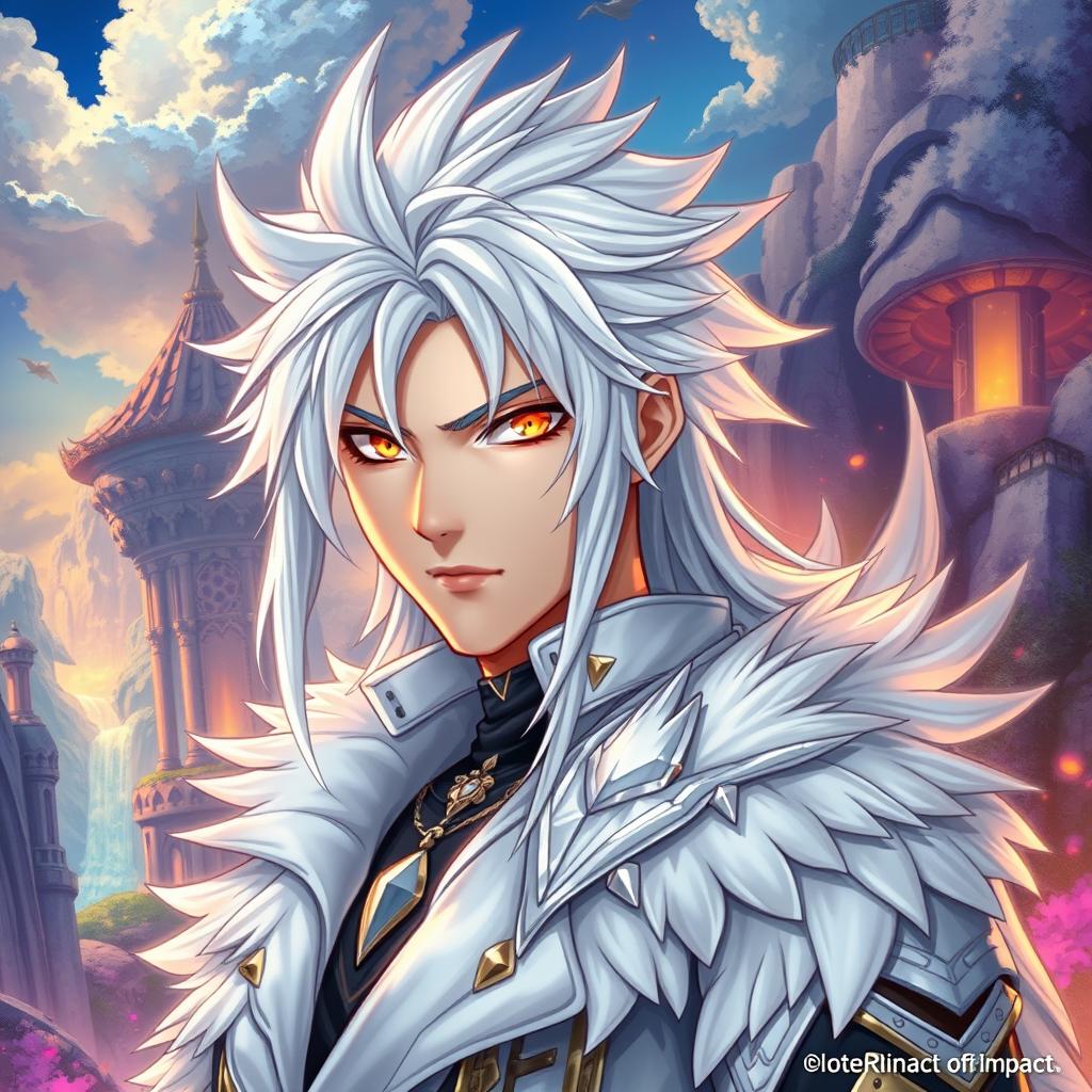 A striking light novel cover featuring a tall male character with long, spiky white hair and captivating golden eyes