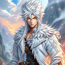 A striking light novel cover featuring a tall male character with long, spiky white hair and captivating golden eyes