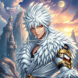 A striking light novel cover featuring a tall male character with long, spiky white hair and captivating golden eyes