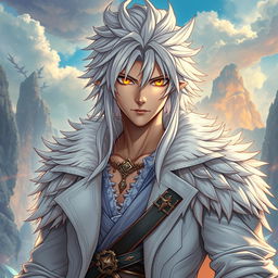 A striking light novel cover featuring a tall male character with long, spiky white hair and captivating golden eyes