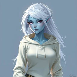 In the style of DnD character art, a striking elven figure named Lucira with light blue skin and white hair that appears to float gently