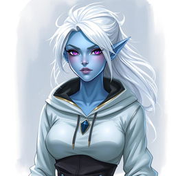 In the style of DnD character art, a striking elven figure named Lucira with light blue skin and white hair that appears to float gently