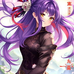 A stunning light novel cover illustration in the Genshin Impact art style, featuring a young female character with long, flowing purple hair accented with red highlights, and captivating golden eyes