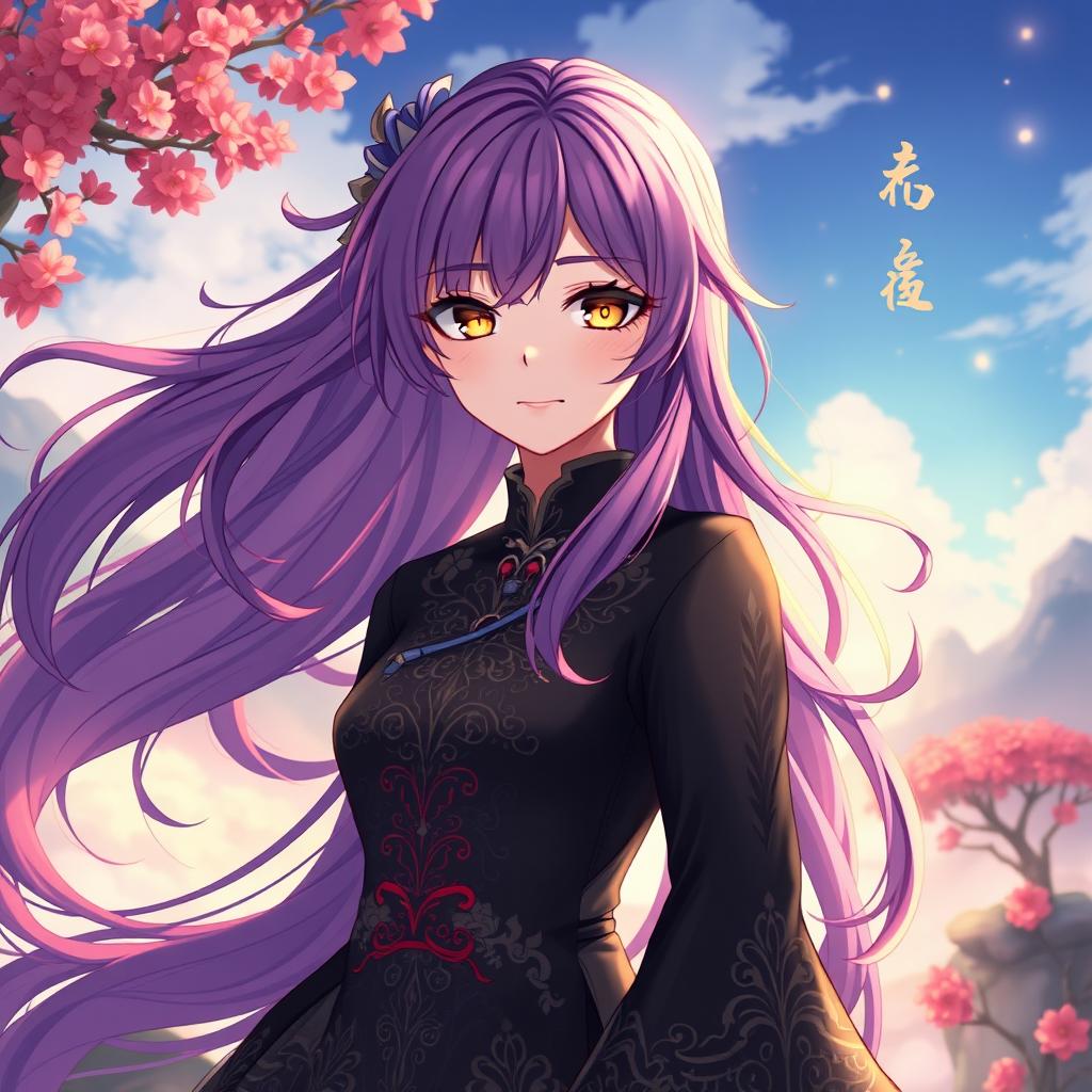 A stunning light novel cover illustration in the Genshin Impact art style, featuring a young female character with long, flowing purple hair accented with red highlights, and captivating golden eyes