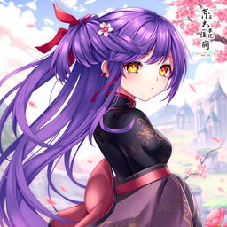 A stunning light novel cover illustration in the Genshin Impact art style, featuring a young female character with long, flowing purple hair accented with red highlights, and captivating golden eyes