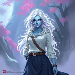 In the style of DnD character art, Lucira is a striking figure with light blue skin and elegantly floating white hair