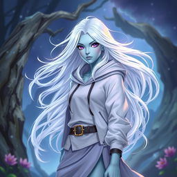 In the style of DnD character art, Lucira is a striking figure with light blue skin and elegantly floating white hair