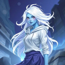 In the style of DnD character art, Lucira is a striking figure with light blue skin and elegantly floating white hair