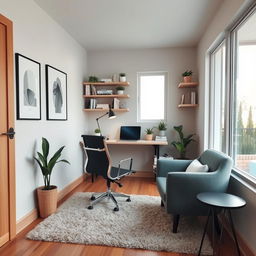 A cozy and stylish small office space, featuring a modern desk with a sleek laptop, ergonomic chair, and stylish desk lamp