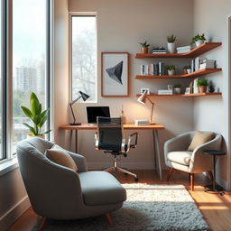 A cozy and stylish small office space, featuring a modern desk with a sleek laptop, ergonomic chair, and stylish desk lamp