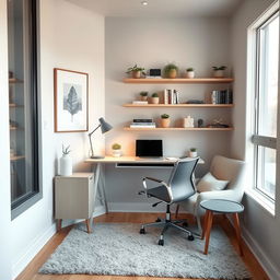 A cozy and stylish small office space, featuring a modern desk with a sleek laptop, ergonomic chair, and stylish desk lamp