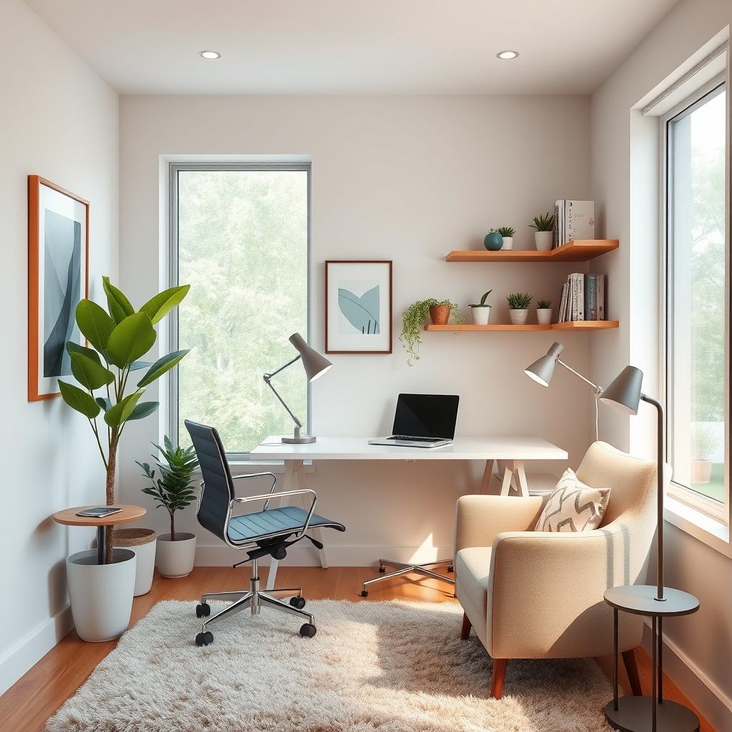 A cozy and stylish small office space, featuring a modern desk with a sleek laptop, ergonomic chair, and stylish desk lamp
