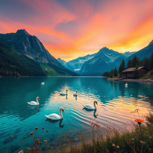 A serene nature landscape featuring a crystal clear lake surrounded by majestic mountains with lush greenery