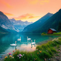 A serene nature landscape featuring a crystal clear lake surrounded by majestic mountains with lush greenery