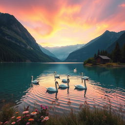 A serene nature landscape featuring a crystal clear lake surrounded by majestic mountains with lush greenery