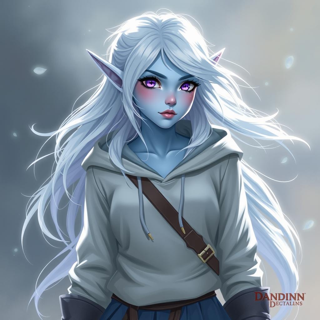 In the style of DnD character art, Lucira is a captivating elven figure characterized by her light blue skin and ethereal white hair that floats gently around her