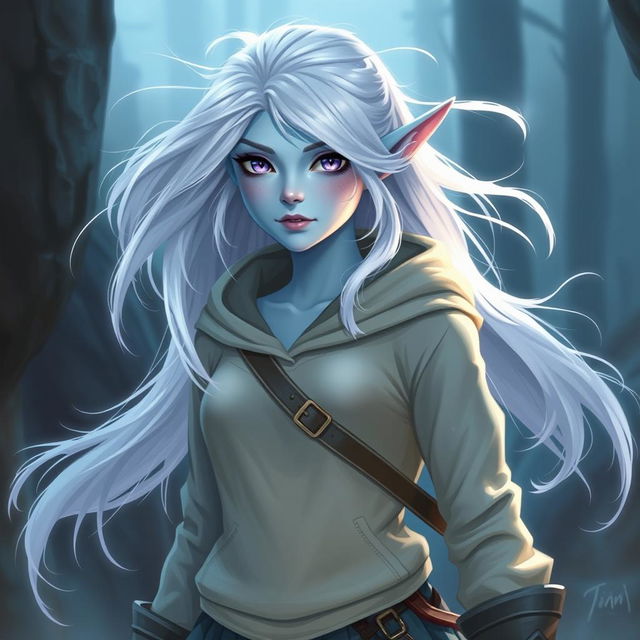 In the style of DnD character art, Lucira is a captivating elven figure characterized by her light blue skin and ethereal white hair that floats gently around her