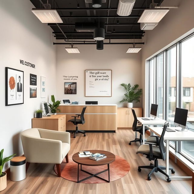 A small customer service office designed for efficiency and comfort, featuring a neat reception area with a stylish front desk, equipped with a computer and phone