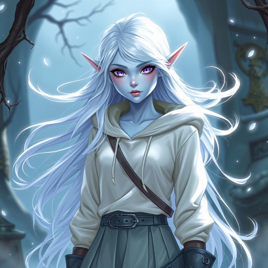 In the style of DnD character art, Lucira is a captivating elven figure with light blue skin and shimmering white hair that floats delicately around her