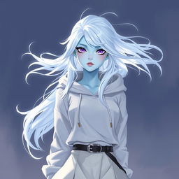 In the style of DnD character art, Lucirq is a striking figure with enchanting light blue skin and ethereal white hair that appears to float gently around her