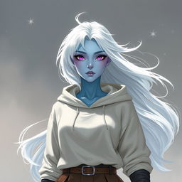 In the style of DnD character art, Lucirq is a striking figure with enchanting light blue skin and ethereal white hair that appears to float gently around her