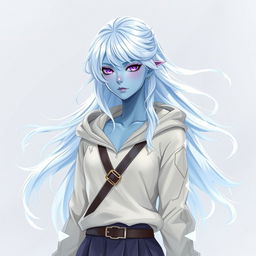 In the style of DnD character art, Lucirq is a striking figure with enchanting light blue skin and ethereal white hair that appears to float gently around her