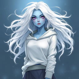 In the style of DnD character art, Lucirq is a striking figure with enchanting light blue skin and ethereal white hair that appears to float gently around her