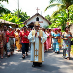 A vibrant Catholic procession in a rural Caribbean village, led by a Catholic priest wearing traditional liturgical vestments