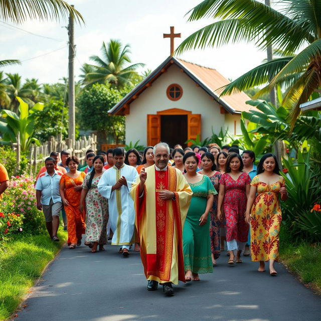 A vibrant Catholic procession in a rural Caribbean village, led by a Catholic priest wearing traditional liturgical vestments