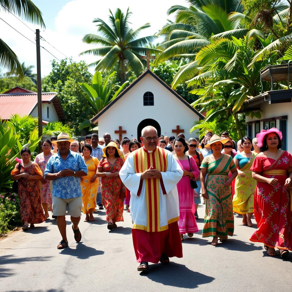 A vibrant Catholic procession in a rural Caribbean village, led by a Catholic priest wearing traditional liturgical vestments