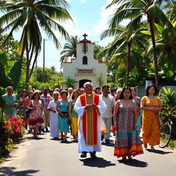 A vibrant Catholic procession in a rural Caribbean village, led by a Catholic priest wearing traditional liturgical vestments