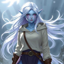 In the style of DnD character art, Lucirq is a striking elven figure with enchanting light blue skin and flowing white hair that seems to float weightlessly around her