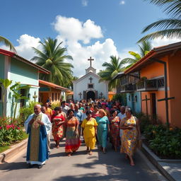 A lively Catholic procession in a tropical rural Caribbean village, featuring several charming houses adorned with vibrant colors and tropical plants