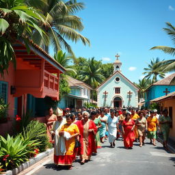 A lively Catholic procession in a tropical rural Caribbean village, featuring several charming houses adorned with vibrant colors and tropical plants