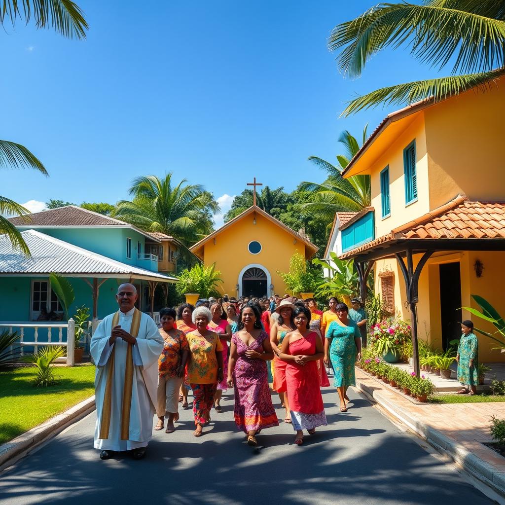 A lively Catholic procession in a tropical rural Caribbean village, featuring several charming houses adorned with vibrant colors and tropical plants