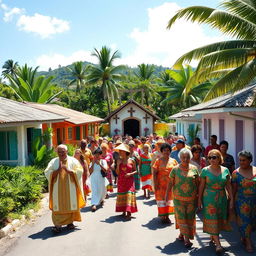 A lively Catholic procession in a tropical rural Caribbean village, featuring several charming houses adorned with vibrant colors and tropical plants