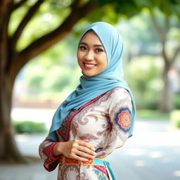 A beautiful Malay woman wearing a stylish hijab, embodying elegance and confidence
